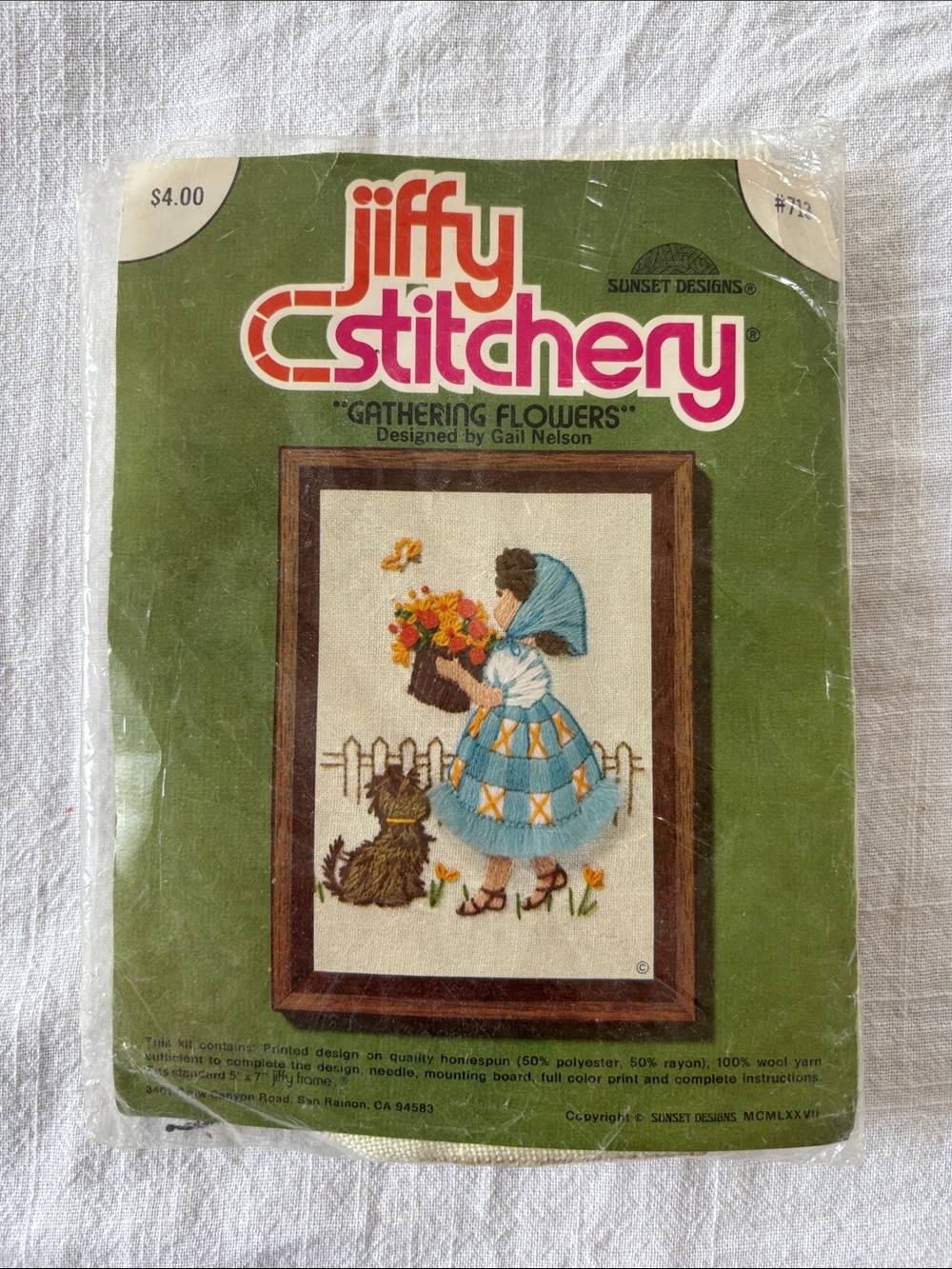 Vintage Jiffy Stitchery needlepoint kit, girl in blue dress w/dog, flowers